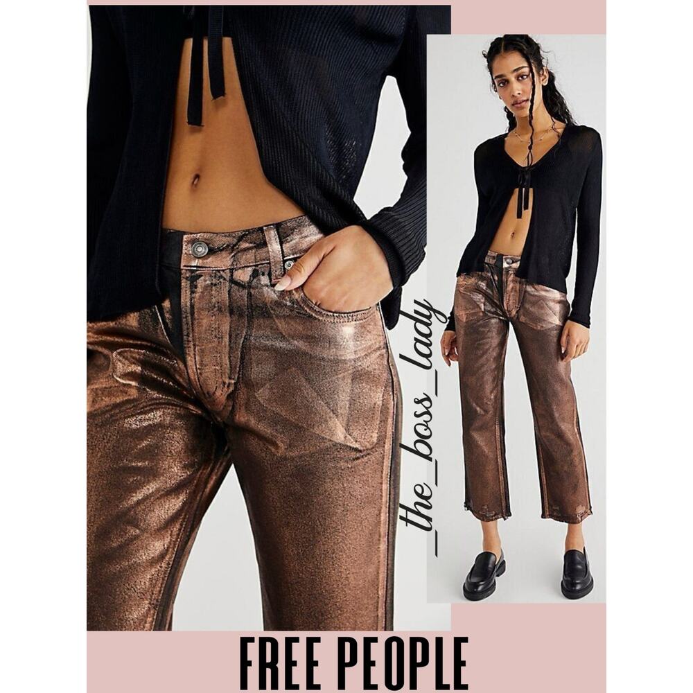 Free People jeans straight-leg pants mid-rise coated metallic 27